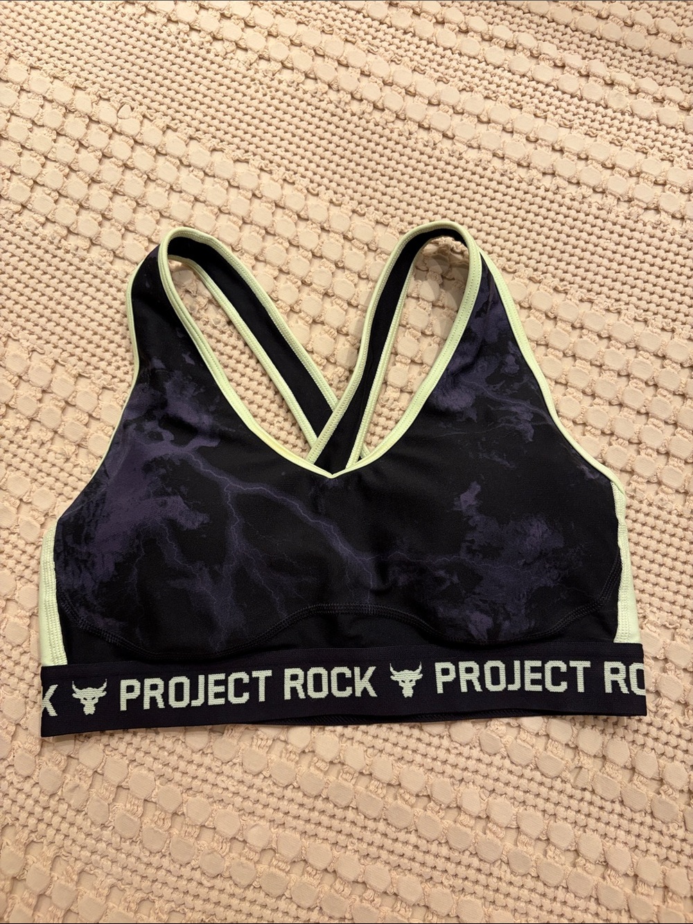NWOT Under Armor Black & Purple Sports Bra with Lime Trim Sz Large